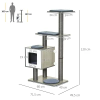 PawHut Árbol Rascador para Gatos de Madera 71,5x49,5x120 cm Torre de Gato con Cueva Plataformas Postes Rascadores Cojines Gris(m-3)