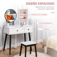 HOMCOM Juego Tocador de Maquillaje con Taburete Espejo Redondo 2 Cajones de Almacenaje y 3 Estantes Mesa de Maquillaje para Dormitorio Vestidor 80x42x131 cm Blanco(m-4)