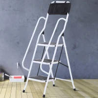 HOMCOM Escalera Plegable de 3 Peldaños Escalera de Tijera con Apoyabrazos y Portaherramientas 51x66x131 cm Blanco y Negro(m-2)