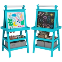 AIYAPLAY Lavagna per Bambini con Cavalletto 3 in 1, Rotolo di Carta e 2 Contenitori, in Legno, 59x48x118 cm, Blu
