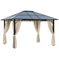 Outsunny 3 x 3.6m Hardtop Gazebo Canopy with Polycarbonate Roof Garden Pavilion with Removable Curtains and Steel Frame, Brown(m-1)