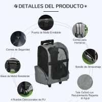 PawHut Transportín Carrito para Mascotas 2 en 1 Mochila de Viaje con 2 Ruedas para Perros Gatos con Asa Retráctil de Aluminio y Bolsillos de Almacenaje 42x25x55 cm Gris(m-6)