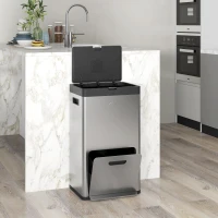 HOMCOM 56L Triple Compartment Stainless Steel Kitchen Bin, with Deodoriser Holders and Wheels - Silver Tone(m-9)