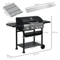 Outsunny Gasgrill BBQ-Grill, 4 Hauptbrenner, 1 Seitenkocher, 1 Warmhalteplatte; 135 x 53 x 101cm, Dunkelgrau(m-3)