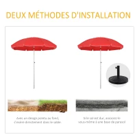 Outsunny Parasol de plage parasol inclinable octogonal Ø 180 cm tissu polyester haute densité anti-UV hauteur réglable mât aluminium sac de transport inclus rouge(m-7)