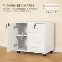 HOMCOM Schedario per Ufficio con 3 Cassetti e Armadietto con 3 Ripiani Regolabili, in Legno, 60x40x56 cm, Bianco(m-6)