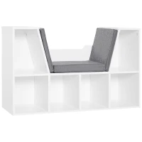 HOMCOM Bücherregal mit Sitzhocker Sitzbank Sitzbänke & -truhen mit 6 Stauräumen für Aufbewahrung Sitzbar mit Kissen Spanplatte Schaumstoff Leinen Weiß+Grau 102 × 30 × 61 cm(m-1)