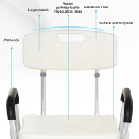 HOMCOM Chaise de Douche siège de Douche Ergonomique Hauteur réglable Pieds antidérapants Dossier accoudoirs Amovibles Charge Max. 136 Kg alu HDPE Blanc(m-5)