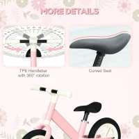 AIYAPLAY 12" Balance Bike, No Pedal Training Bike for Children with Adjustable Seat, 360° Rotation Handlebars - Pink(m-7)