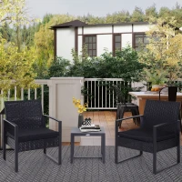 Outsunny Set da Balcone, Tavolino e 2 Sedie da Esterno in Rattan con Cuscini, Nero(m-2)