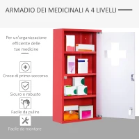 HOMCOM Cassetta Porta Medicine Armadietto Medicinali 4 Livelli Porta in Vetro 60×30×12cm Rosso(m-6)
