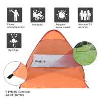 Outsunny Abri de plage tente de plage pliable pop-up automatique instantané protection UV fenêtre arrière grand tapis de sol orange(m-5)