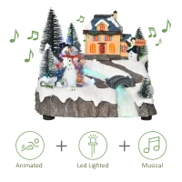 HOMCOM Animated Christmas Village Scene Musical Holiday Decoration with LED Light, Music, Fiber Optic, Rotating Skating Pond, Battery-Operated(m-7)