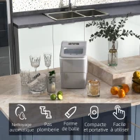 HOMCOM Machine à glaçons autonettoyante, 12kg en 24h, 9 glaçons en 8 minutes, ice maker Portable Avec cuillère et panier, capacité réservoir eau 1,8 L, pour la maison/cuisine/camping, PP argenté(m-4)