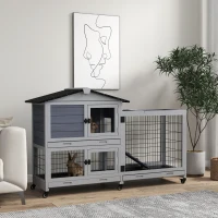 PawHut Portable Rabbit Cage, Rabbit Hutch with Run, Wheels, Three Slide-Out Trays, Ramp, Openable Top for Outdoor Indoor - Grey(m-10)