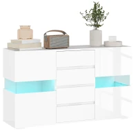 HOMCOM Credenza Moderna con LED Regolabile con Telecomando, 4 Cassetti e 2 Armadietti, 120x34x70 cm, Bianco(m-1)