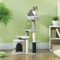 PawHut Katzen-Spielzentrum mit Kratzbaum, Bett, Spielbällen, Plüsch, 60 x 39 x 87 cm, Hellgrau/Creme(m-9)