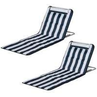 Outsunny Set of 2 Foldable Garden Beach Chair Mat Lightweight Outdoor Sun Lounger Seats Adjustable Back Metal Frame PE Fabric Head Pillow w/ Carry Bag, Blue(m-12)