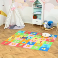 HOMCOM 60-teilige Kinder Puzzlematte Spielmatte mit 36 Matten, 24 Seitenmatten, Kinderspielteppich Spielteppich für Baby & Kinder mit Buchstaben und Zahlen EVA mehrfarbig 31,5 x 31,5 cm(m-2)