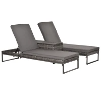 Outsunny 3pz Componibile 2 Lettini Prendisole (60 x 195 x 86cm) 1 Tavolino (121 x 40 x 50cm) Rattan con Materassini Grigio(m-10)