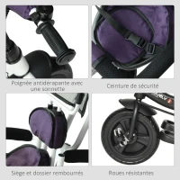 HOMCOM Tricycle Enfant évolutif Pare-Soleil Pliable Canne télescopique Amovible 92 x 51 x 110 cm Acier Violet Blanc(m-4)