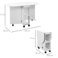 HOMCOM Mesa de Comedor Plegable con Ruedas Mesa de Cocina con Alas Abatibles y 2 Estantes Abiertos 120x60x77 cm Blanco(m-3)