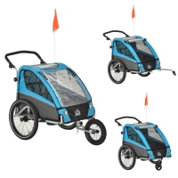 HOMCOM 3 in 1 Kinderanhänger Kinder Jogger Fahrradanhänger mit 360 Grad schwenkbarem Vorderrad Radanhänger für 2 Kinder mit Schwingungsdämpfungssystem Aufbewahrungstasche Wetterschutz Aluminium Blau(m-1)