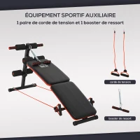 HOMCOM Banc de musculation pliable multifonction banc Fitness sit-up sangles d'extension latérales + ressort traction acier revêtement synthétique rouge noir(m-6)