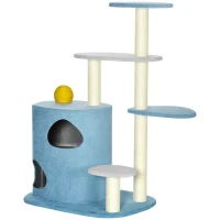 PawHut Kratzbaum mit Kratztonne inkl. Kratzball für Katzen, 87 cm x 60 cm x 122 cm, Blau + Grau + Gelb(m-10)