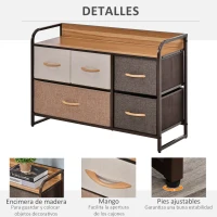 HOMCOM Cómoda para Dormitorio con 5 Cajones Plegables Parte Superior de Madera y Marco Metálico 87,5x29x58 cm Multicolor(m-6)