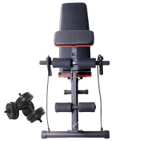 HOMCOM Banc de musculation pliable inclinable réglable sangles élastiques support haltères inclus acier noir rouge + Ensemble d'haltères Courtes Total 20 Kg acier HDPE noir(m-10)