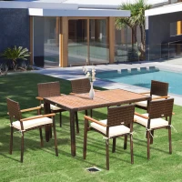 Outsunny Conjunto de Ratán Sintético para Jardín Juego de Mesa y 6 Sillas para Exterior 150x90x74cm y 50x55x88cm Marrón(m-2)