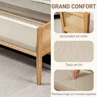 HOMCOM Banc bout de lit en tissu aspect lin avec accoudoirs en rotin et cadre en bois massif 120 x 38 x 61,5 cm beige(m-4)