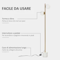 HOMCOM Lampada da Terra con 2 Paralumi a Sfera e Interruttore a Pedale, 35x35x165cm, Oro e Bianco(m-5)