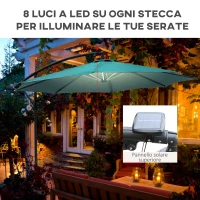 Outsunny Ombrellone da Giardino Ø3x2.5 m a Braccio con Manovella e 8 Strisce LED a Energia Solare, Verde(m-7)