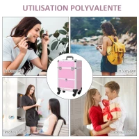HOMCOM Valise trolley maquillage mallette cosmétique vanity poignée télescopique réglable 34L x 25l x 62H cm alu. rose(m-7)