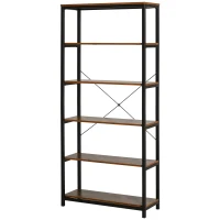 HOMCOM Bücherregal mit 5 Fächer, Standregal, Industriestil, Wohnzimmer, Schlafzimmer, Büro, E1 Spanplatte, Braun, 80 x 30 x 180 cm(m-10)
