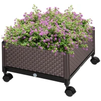 Outsunny Hochbeet 1-teilig mit Rollen Pflanzkasten mit Abflusslöchern Blumenkasten Blumenkübel Kunststoff Braun 50 x 50 x 33 cm(m-9)