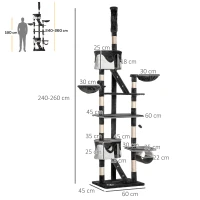 PawHut Tiragraffi per Gatti a Soffitto con Altezza Regolabile 240-260 cm, Albero Tiragraffi per Gatti Multilivello con Cucce, Amache e Scale, Corde in Sisal, Grigio Scuro e Bianco(m-3)