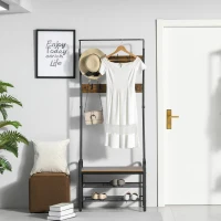 HOMCOM Coat Rack Stand Industrial hallway Shoe Rack Removable Hooks Metal Wood Hangers Storage Cabinet Rustic Brown 72L×34W×185H(cm)(m-2)