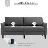 HOMCOM Canapé 3 Places Style Contemporain assises Larges Profondes accoudoirs courbés piètement effilé Bois hévéa Noir Polyester Gris foncé(m-6)