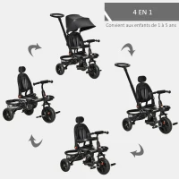 HOMCOM Tricycle Enfant évolutif Pliable 4 en 1 Multifonction - Pare-Soleil, Canne télescopique Amovible - siège pivotant, Harnais, Arceau sécurité - 3 paniers Rangement - métal PP Noir(m-4)