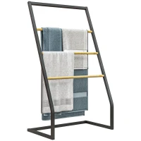 HOMCOM Portasciugamani a 4 Sbarre in Acciaio e Bambù, 60x35x102 cm, Nero e color Legno(m-1)