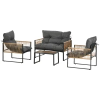 Outsunny Ensemble salon de jardin 4 pièces canapé 2 places 2 fauteuils et 1 table basse plateau verre trempé 3 coussins - gris(m-1)