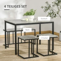HOMCOM Essgarnitur, 4-teilig, Tisch, 2 Hocker und Bank, kompakt, Metallrahmen, Grau(m-4)