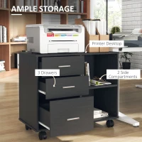 HOMCOM Freestanding Printer Stand Unit Office Desk Side Mobile Storage w/ Wheels 3 Drawers, 2 Open Shelves Modern Style 80L x 40W x 65H cm - Black(m-4)