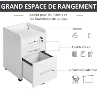 HOMCOM Caisson de bureau rangement bureau sur roulettes 3 tiroirs 1 verrouillable 1 trieur dossiers en bois blanc(m-4)