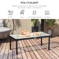 Outsunny Table basse de jardin plateau verre trempé 5 mm résine tressée imitation rotin noir(m-7)