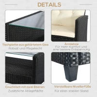 Outsunny Gartenmöbel-Set. 4-tlg., 2 Sessel, 1 Sofa, 1 Couchtisch, abnehmbare Polster, PE-Rattan, Schwarz(m-6)