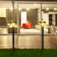 Outsunny 2 Lámparas de Camino de Pie Altura 91,5 cm con Luces LED Solares Sensor de Noche Crepuscular y Brillo Variable Set de 2 Faroles de Jardín IP44 para Patio Parque Exterior Negro(m-2)